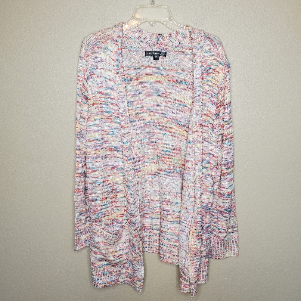Rainbow colors 1X open front cardigan duster sweater w pockets
